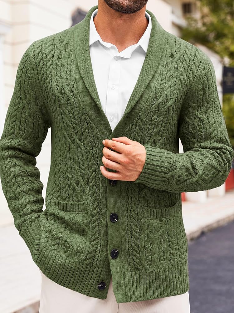 Runcati Mens Shawl Collar Cardigan Sweater Casual Cable Knit